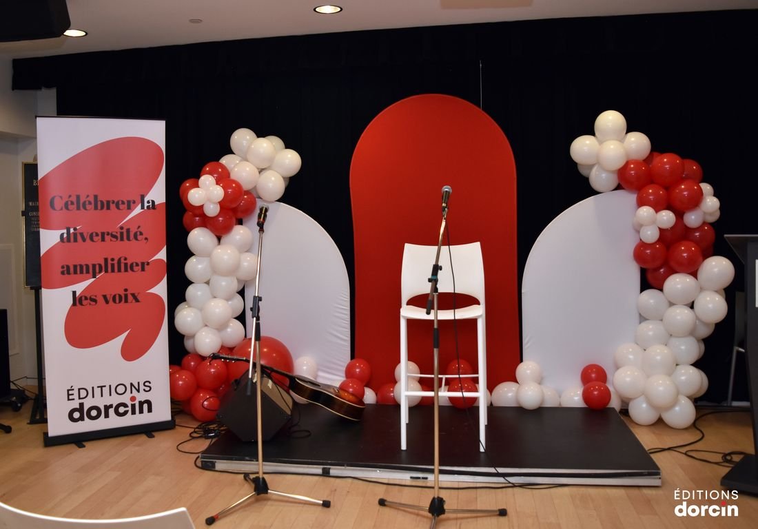 The decorated stage at the Éditions Dorcin launch